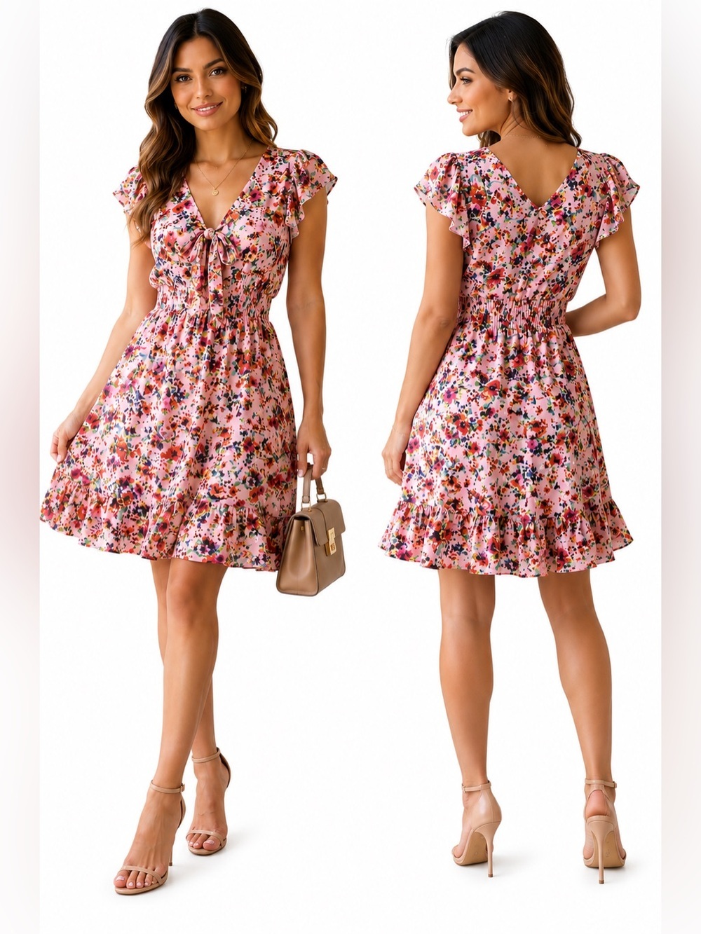 BCBGMAXAZRIA Pink Floral Ruffle Hem Mini Dress Size 0 NWT  Romantic Cottagecore